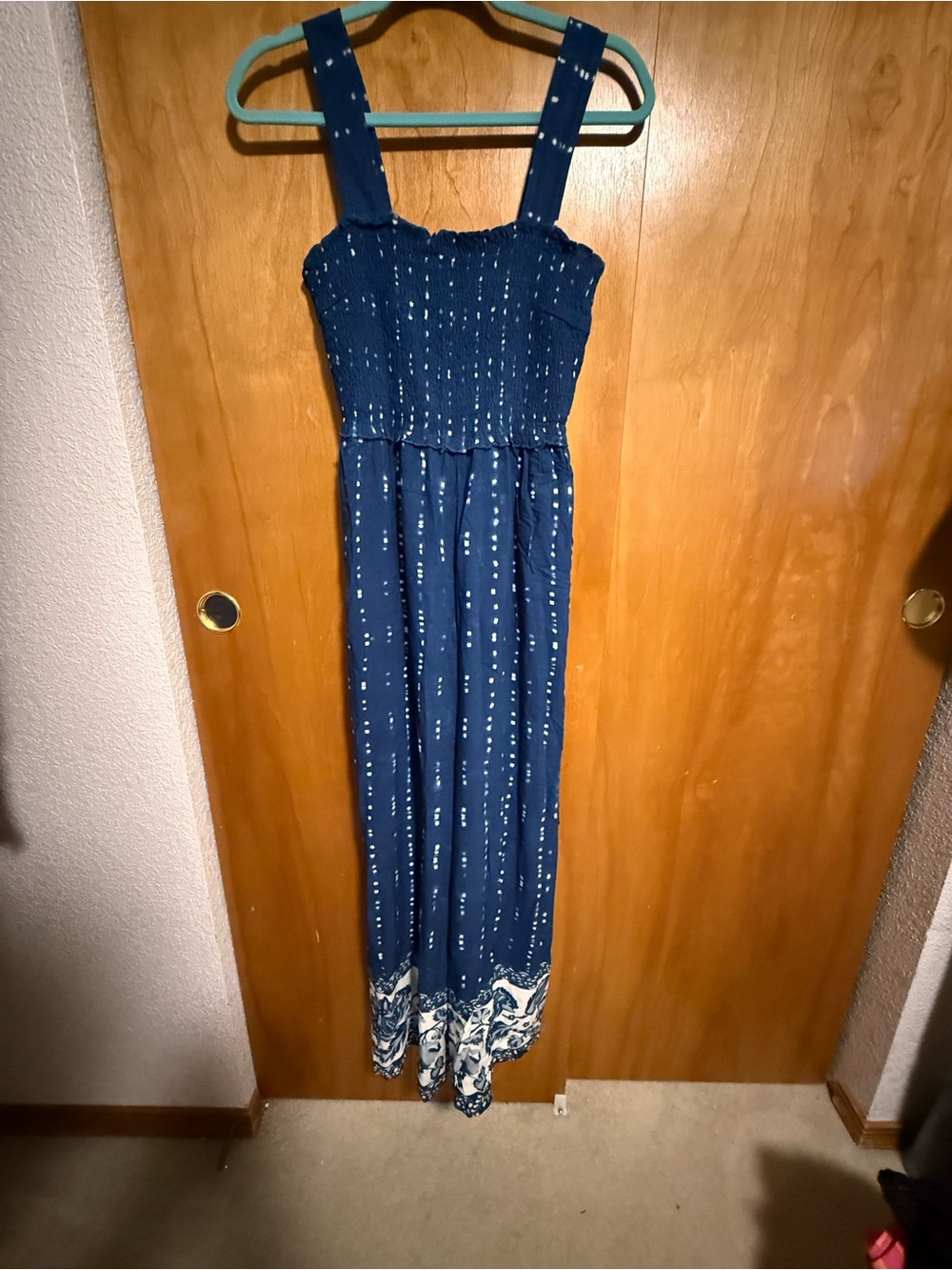 NATURAL LIFE Navy Blue Smocked Maxi Dress with White Border Print